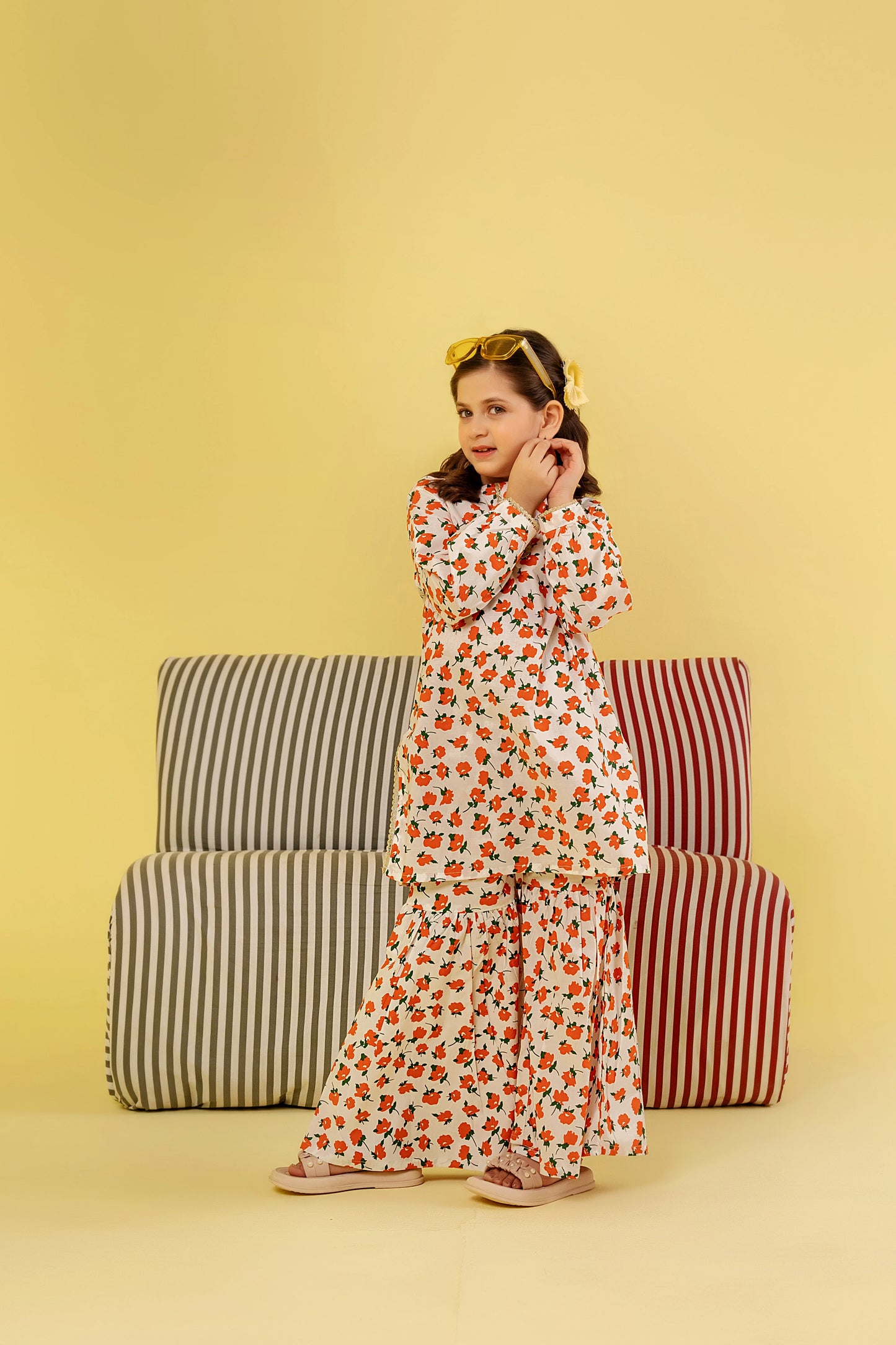 Orange Flower All Over Print Gharara Suit Girls(R-47,48)