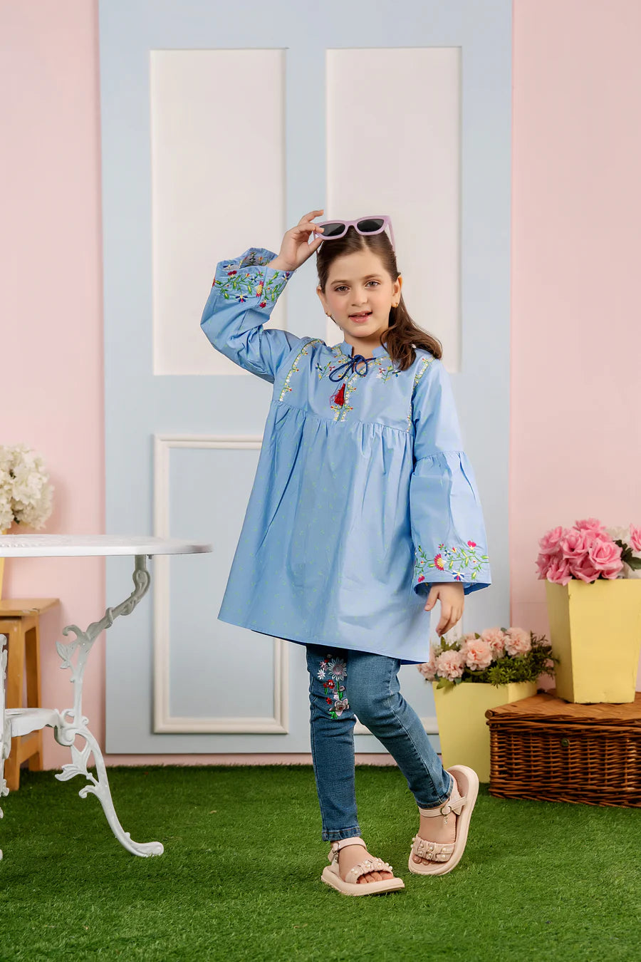 Top Embroidery Sky Blue Frock Girls