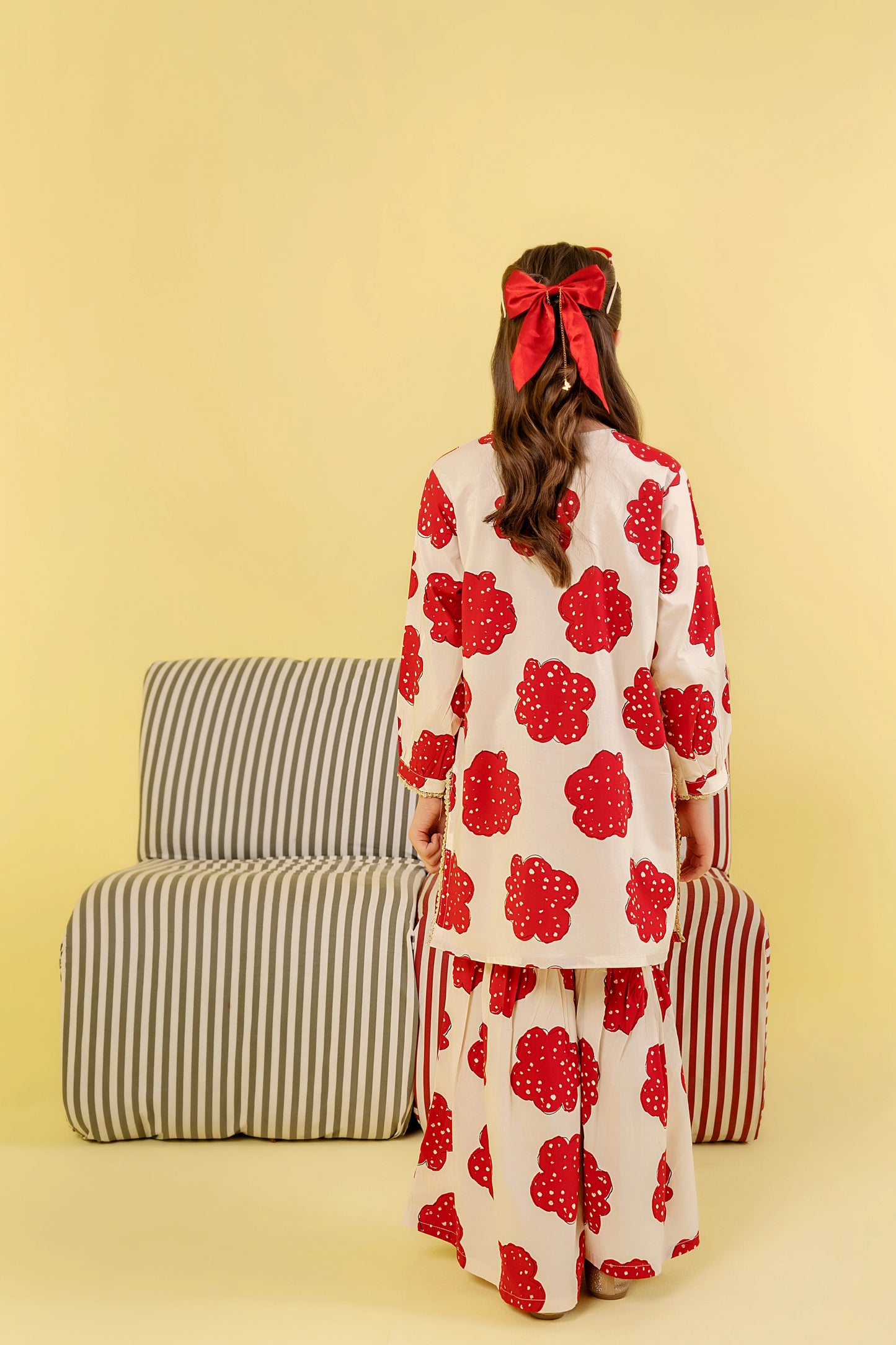 Red Flower All Over Print White Gharara Suit Girls(R-47,48)